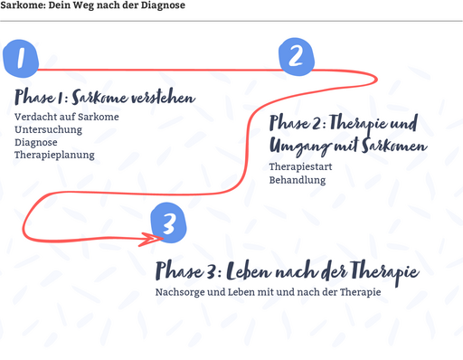 Unterschiedliche Phasen im Umgang mit einem Sarkom. Grafik mit Pfeil 1.Sarkome verstehen 2.Therapie 3. Mit einem Sarkom leben