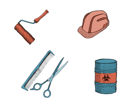 Symbole für besonders gefährdete Berufsgruppen bei Blasenkrebs: eine Malerrolle, ein Bauarbeiterhelm, Schere und Kamm und ein Fass mit Gefahrstoffen